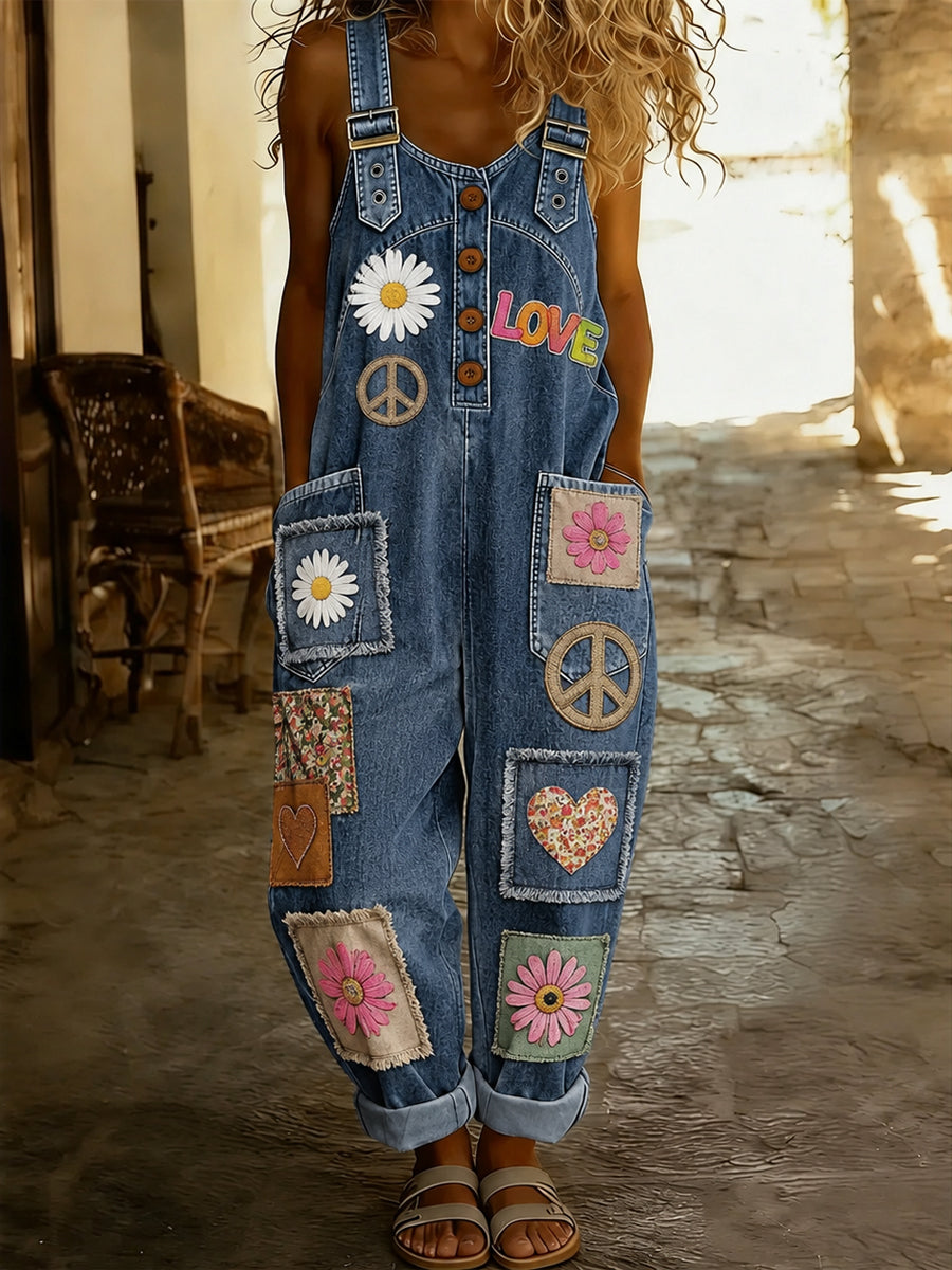 Women's Retro Art Print Denim Patchwork Jumpsuit